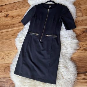 Lori Michaels Stretch Gold Zipper Dress Small 3/4 Sleeve
